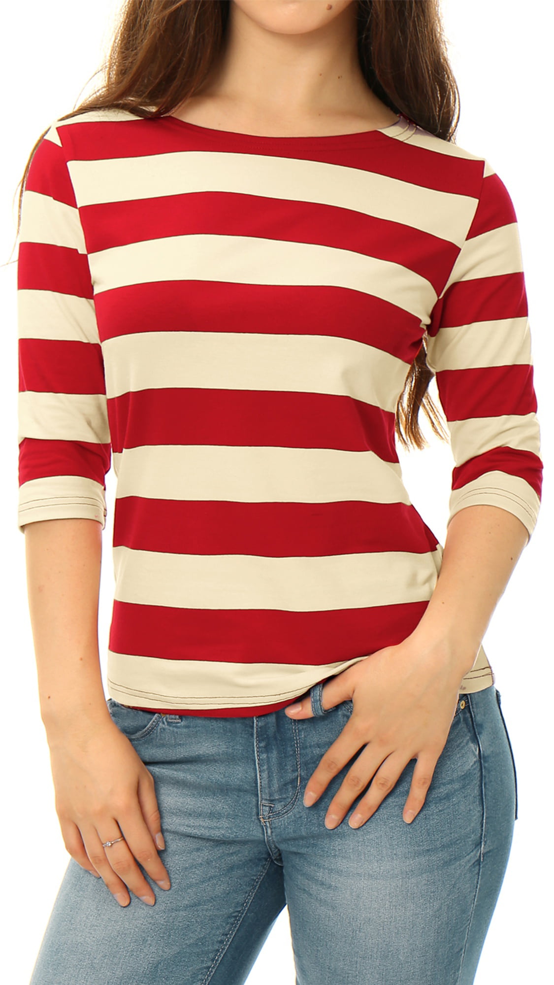 Women's Boat Neck Elbow Sleeves Slim Fit Basic Striped Tee Shirt Blouse ...