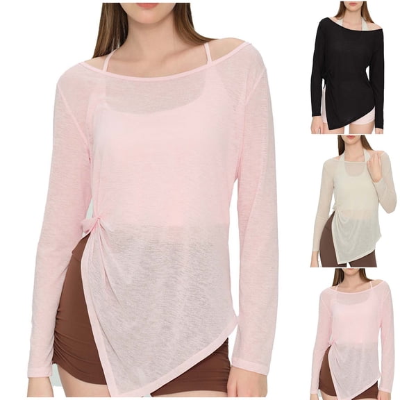 Qzwdhjm Mesh Swimsuit Coverup for Women Sheer Boat Neck Beach Cover Up Shirts Long Sleeve Asymmetrical Hem Bathing Suits Coverups for Summer Vacation