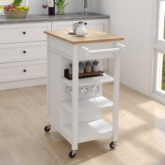 OUFAN Kitchen Island Rolling Trolley Cart, Storage Cabinet with Drawer, Adjustable Shelves & 2 Open Shelves, Kitchen Cart for Kitchen, Dining Room, White