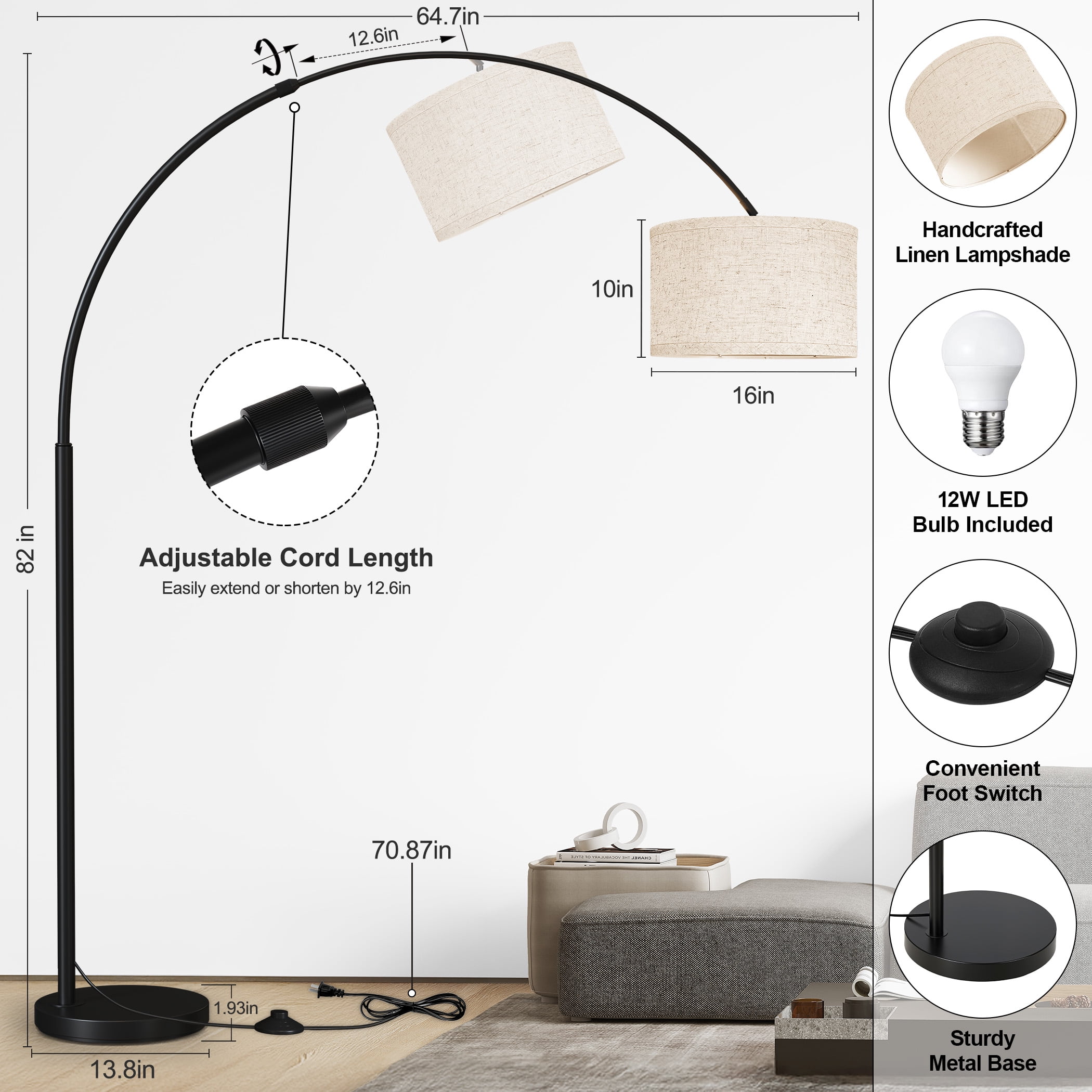 82" Tall Arc Floor Lamps for living room, large floor lamp with length adjustable, Modern curved floor lamp, Corner Lamp for Dining Room, Office, Black