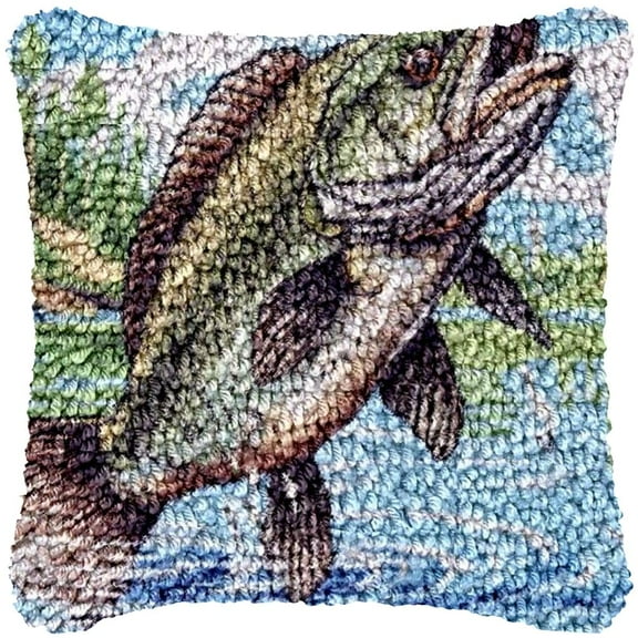 Bass Fish Latch Hook Pillow Kits Color Printed Canvas Cushion Crochet Yarn Needlework Hook Latch Kit DIY Embroidery Pillowcase Rug Cover Home Sofa Christmas Decor 43x43cm(1)