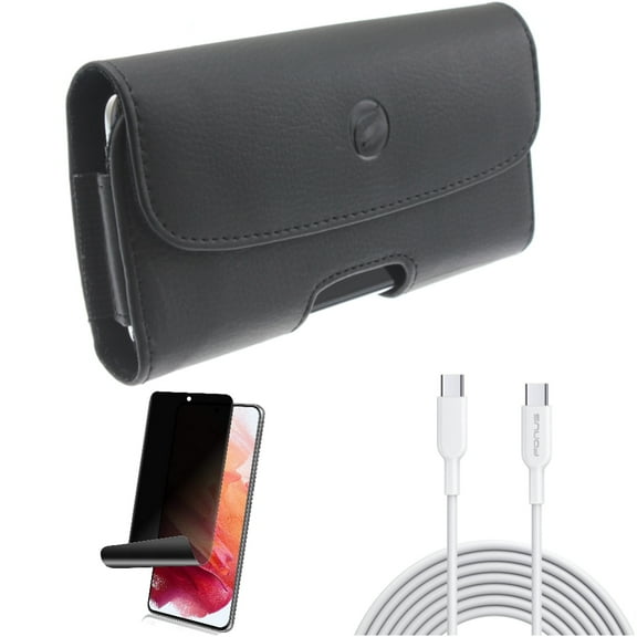 Case Belt Clip & 6ft Long Type-C Cable & Privacy Screen Protector for Samsung Galaxy S22 (6.1") - Leather Holster & PD Fast Charger Cord Power & TPU Film Fingerprint Works Accessory Bundle