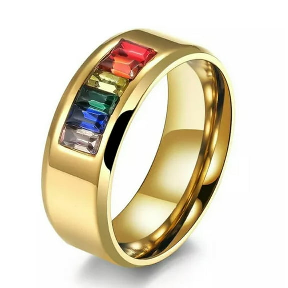 8mm Rainbow Crystal Stainless Steel Band Womens Black Gold Silver Ring Size 5-12