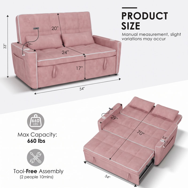 Anpport 54" 3‑in‑1 Convertible Sleeper Sofa Bed, Loveseat with White Trim, USB Charging Port, Phone Stand, 2 Cup Holders and 2 Pillows for Living Room, Bedroom and Apartment, Pink