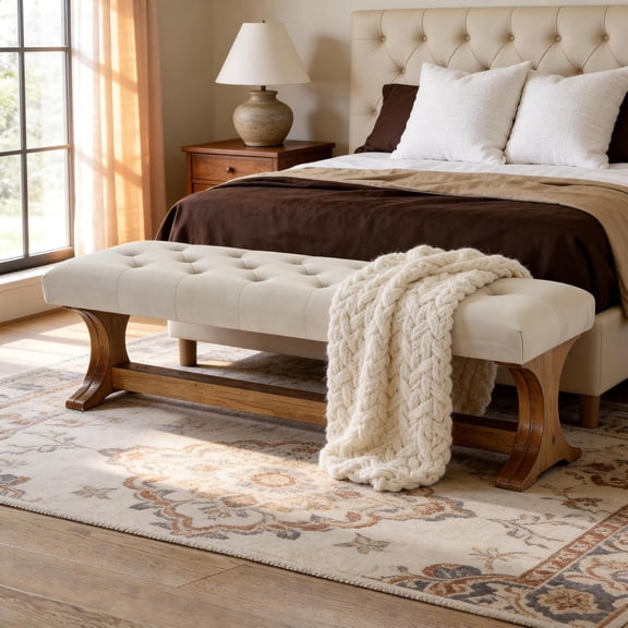 Tribesigns 55" Upholstered End of Bed Bench, Solid Wood Tufted Entryway Bench for Bedroom, Living Room, Hallway, Beige