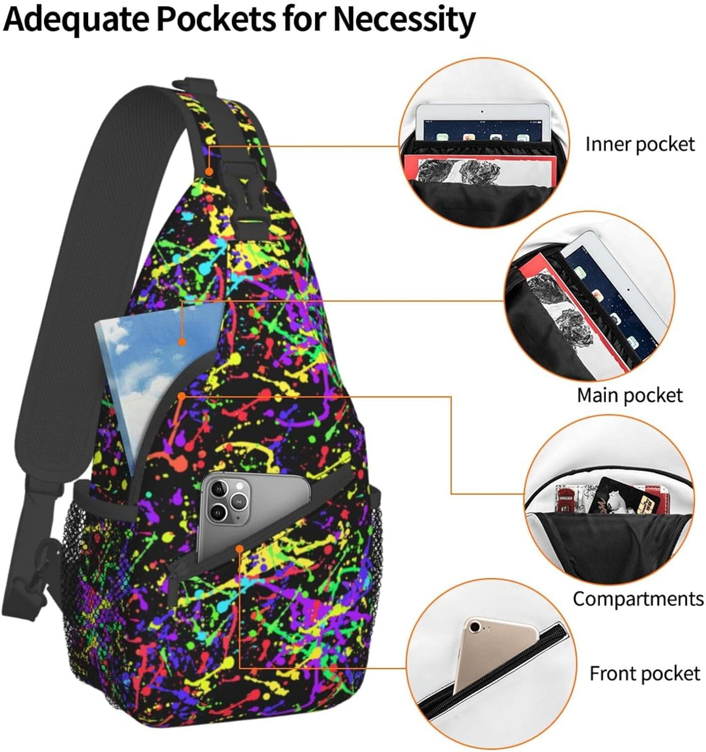 Glow in Dark Splatter Neon Sling Bag Crossbody Hiking Travel Chest Bags Backpack Shoulder Daypack for Women Men