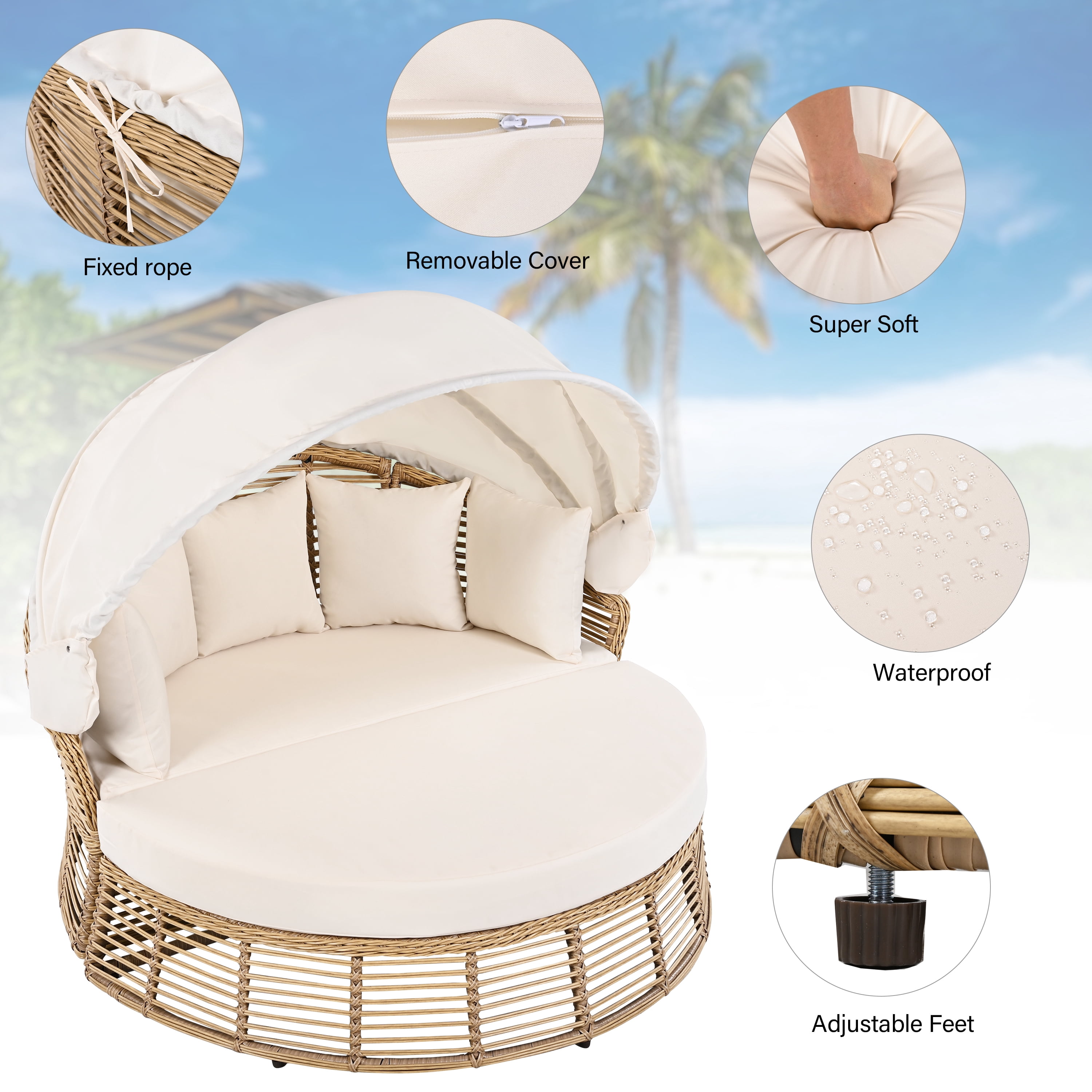 Outdoor Round Daybed, Rattan Frame with Retractable Canopy and Removable Cushions for Backyard Porch, Beige