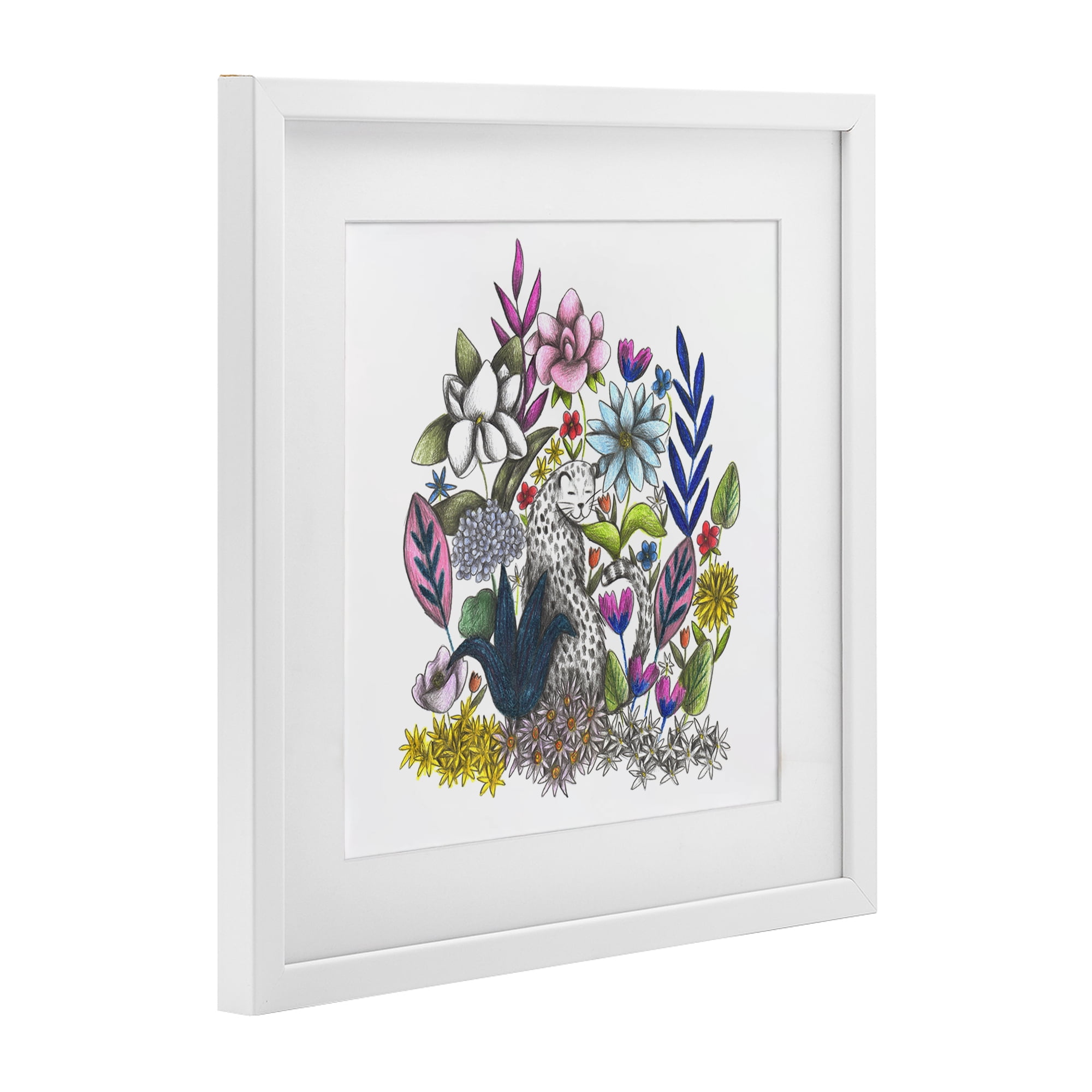 Leopard in Midst of Flowers White Framed Print Under Glass, design by Cecilia Battaini