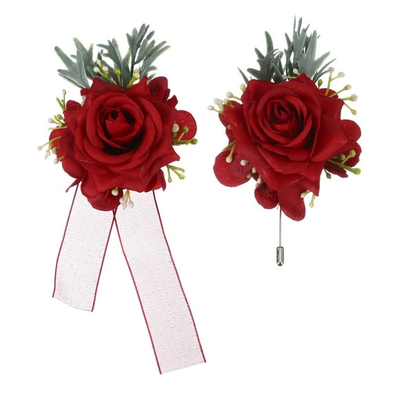 Uxcell Red Wrist Corsage and Boutonnieres Set, Artificial Flowers Corsage Wristlet for Wedding Bride Groom Ceremony Anniversary Prom Party