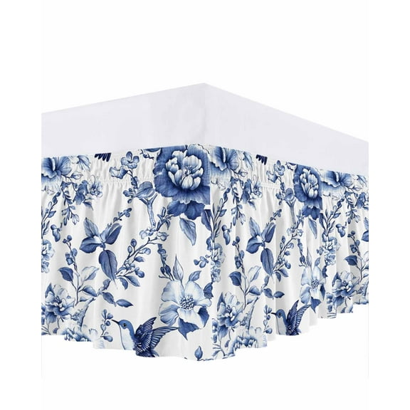 Vintage Dark Bed Skirt King Size 18" Drop Blue Flowers Leaf Hummingbird Rustic Ruffled Wrap Around Bed Skirts Adjustable Elastic Bedskirt Dust Ruffle for King Size Bed