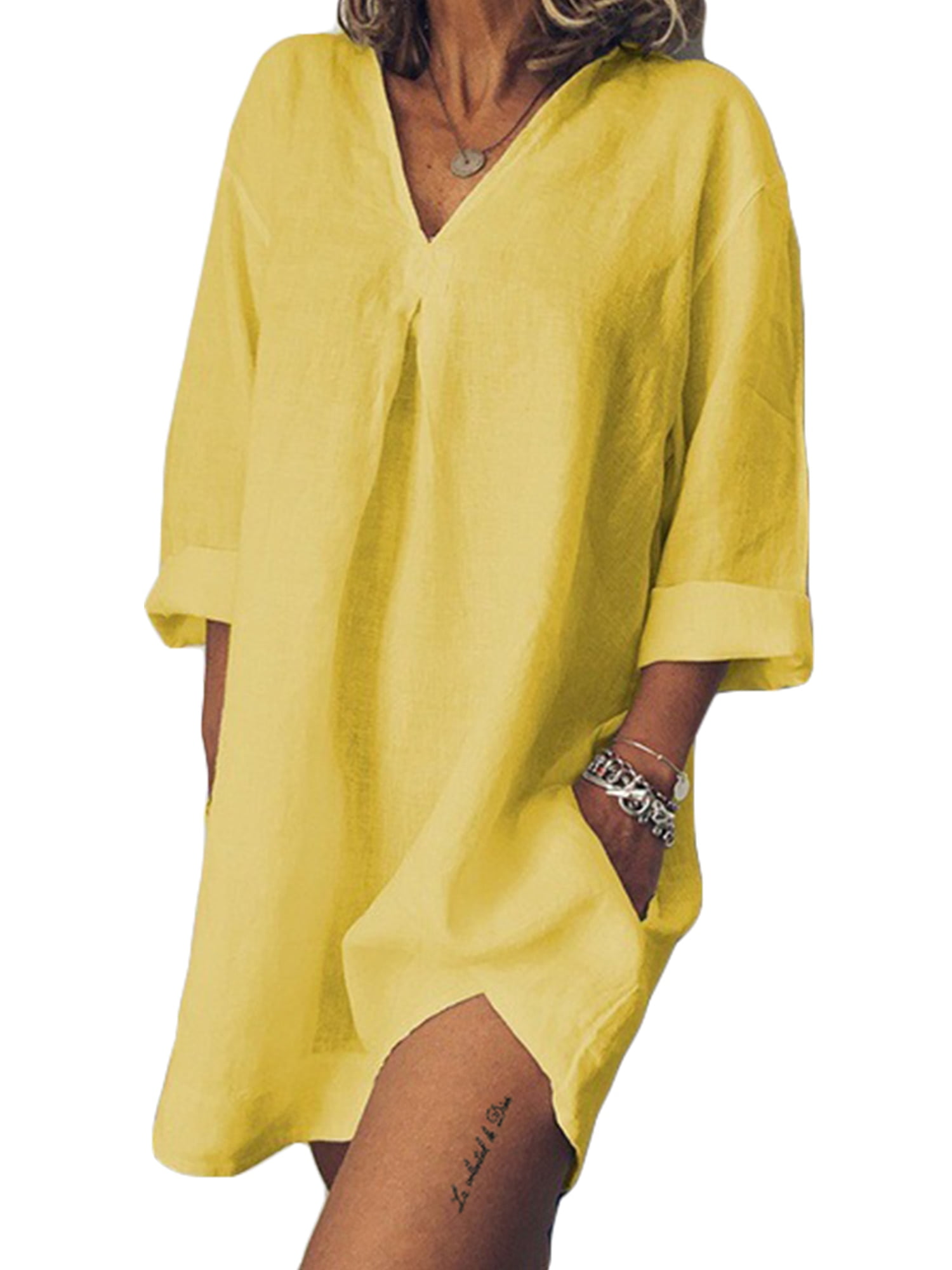Women's Cotton Blouse Short Sleeve Boho Dress Loose Tunic Top Shirt  Plus Size