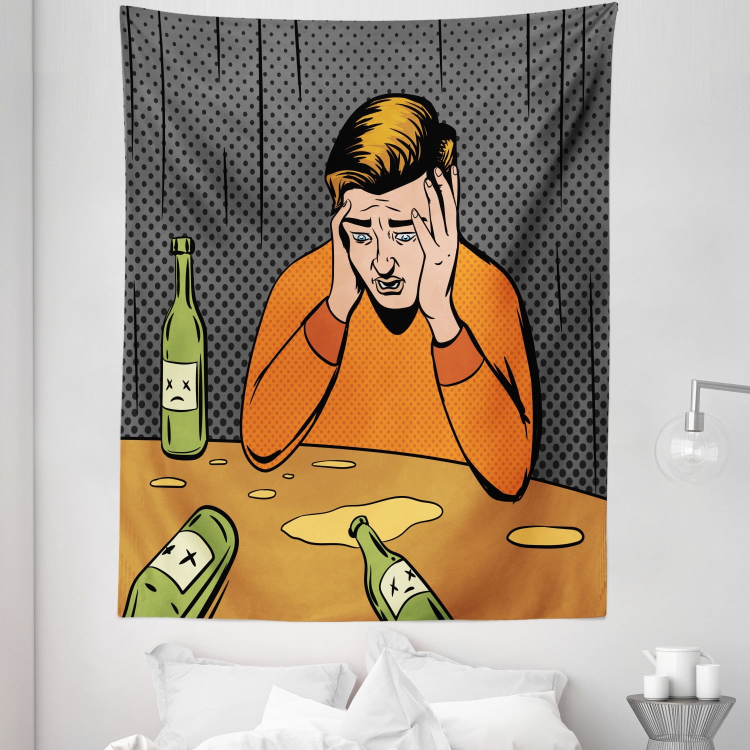 Comic Tapestry, Alcohol Themed Illustration with Drunk Man and Empty Bottles in Cartoon Design