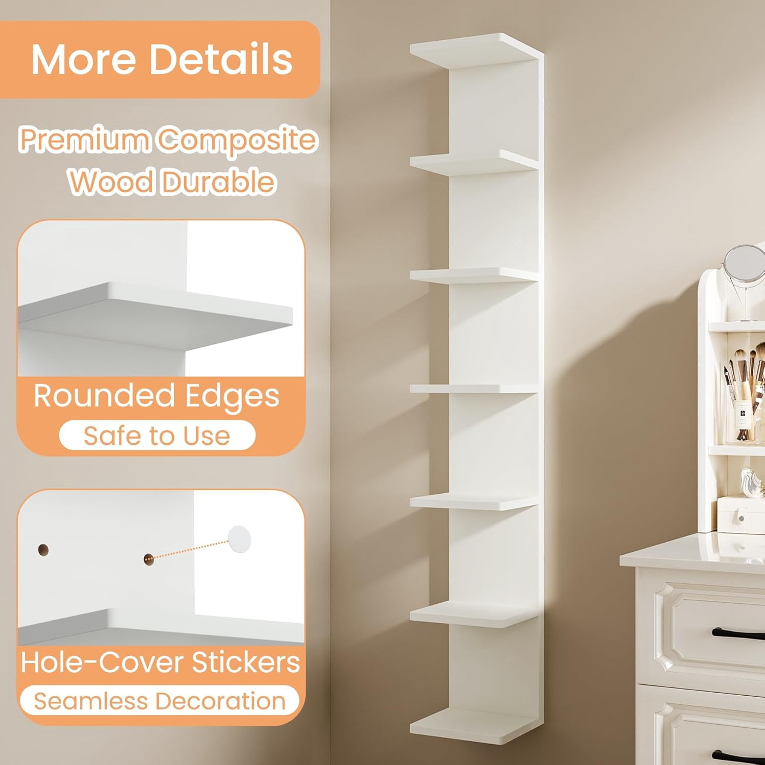 upsimples 7-Tier Floating Wall Shelf, White Wall Mounted Display and Storage Shelf, Decorative Shelves for Bedroom, Living Room, Bathroom, and Office