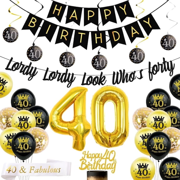 Black Gold 40th Birthday Decorations, Lordy Lordy Look Who's Forty Banner 40 Years Old Men Women Birthday Party Decorations with 40th Birthday Balloons 40 Hanging Swirl 40&Fabulous Birthday Sash