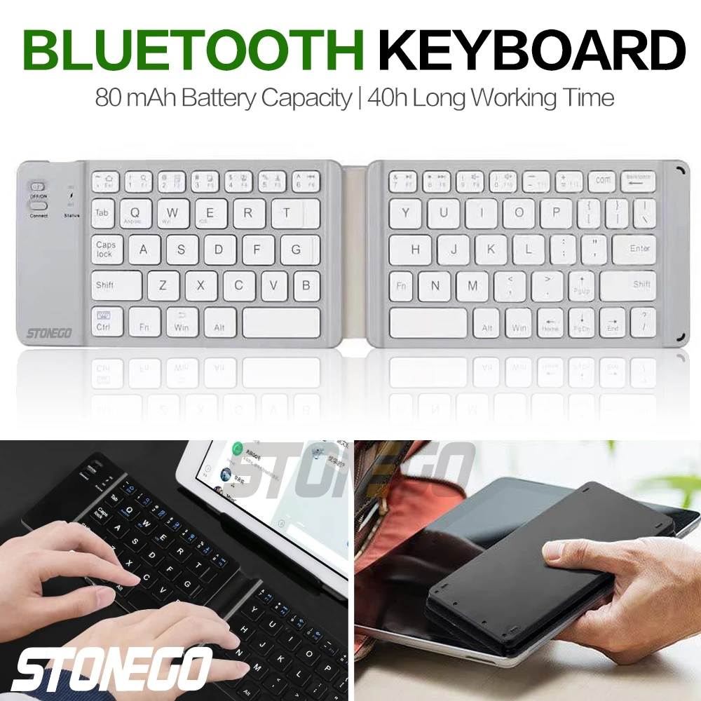 STONEGO Foldable Bluetooth Keyboard - Portable Wireless Rechargeable Ultra-thin Quiet Keyboard with Compact Folding Design and Built-in Battery, Universal for Tablets, Smartphones, Laptops