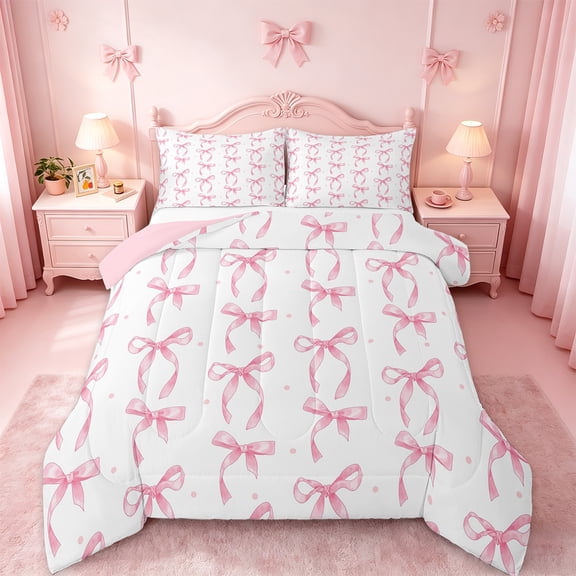 Manfei Cute Pink Bowknot Kids Bedding Comforter Set,Girls Ribbon Bow Knot Twin Comforter Sets,Pink Bows Bedding Set,Reversible Pink,2 Piece