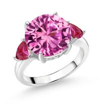 Gem Stone King 925 Sterling Silver Pink Created Sapphire and Red Created Ruby 3-Stone Ring for Women (8.66 Cttw, Round 12MM, Trillion 5MM, Size 6)