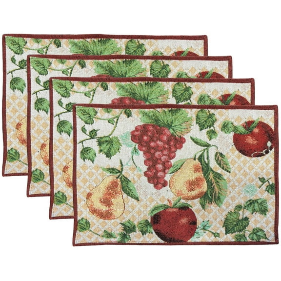 Set of 4, Mix Fruit Design Apple, Pear,  Grape Trellis Tapestry placemats for Kitchen Dining Table Mats, Easy to Clean, Machine Washable. Size: 13" x 19".