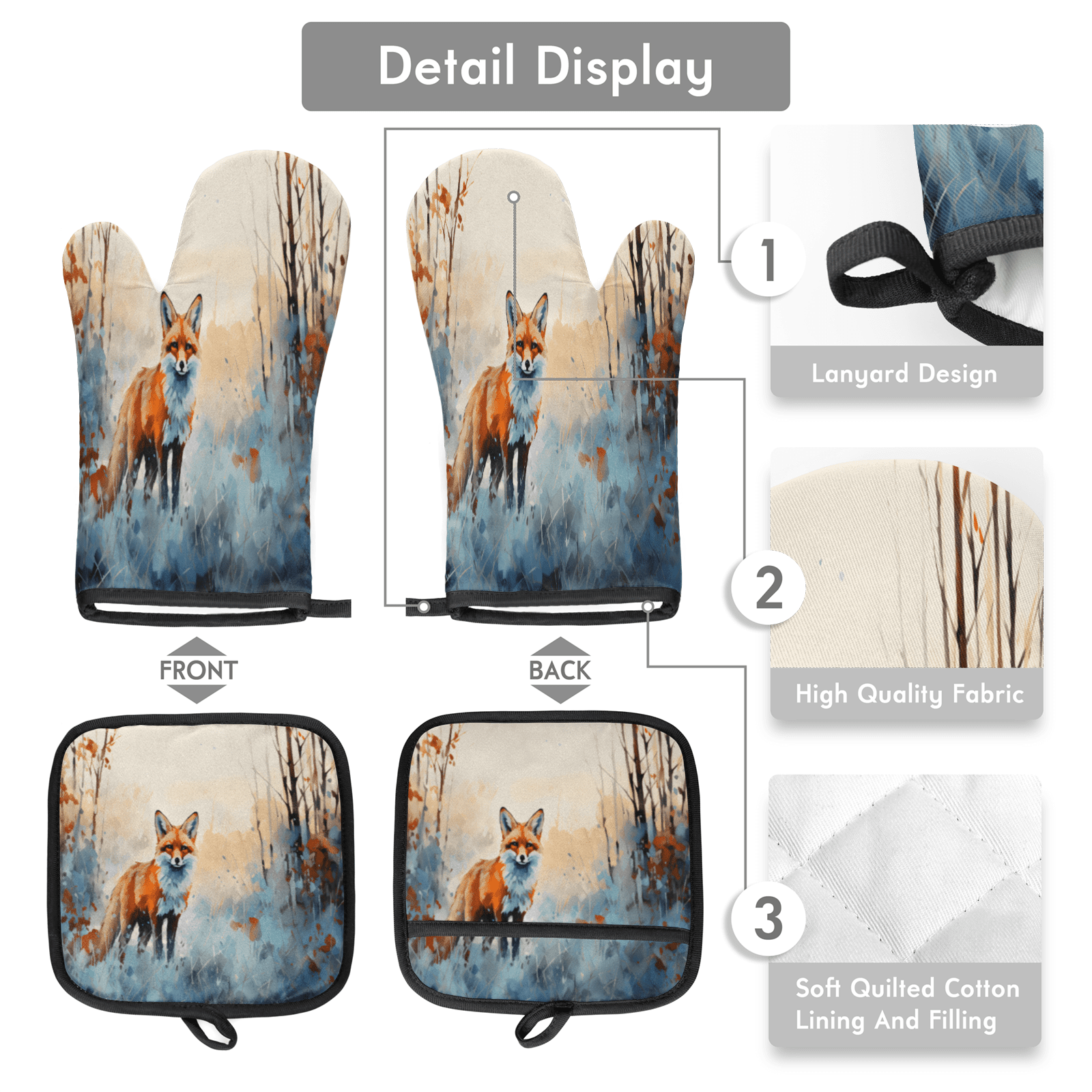 CURLYOOT Watercolor Fox Oven Mitts and Pot Holders Sets of 2, Non-Slip Washable Hot Pads and Oven Gloves for Kitchen Cooking Baking