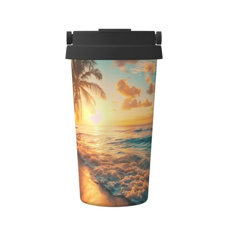 

Pofeuu Tropical Sunset Beach Scene Print Coffee Mug Iced Coffee Tumbler Cup Double Wall Vacuum Leak-Proof Thermos Mug CoffeeThermos Travel Mug