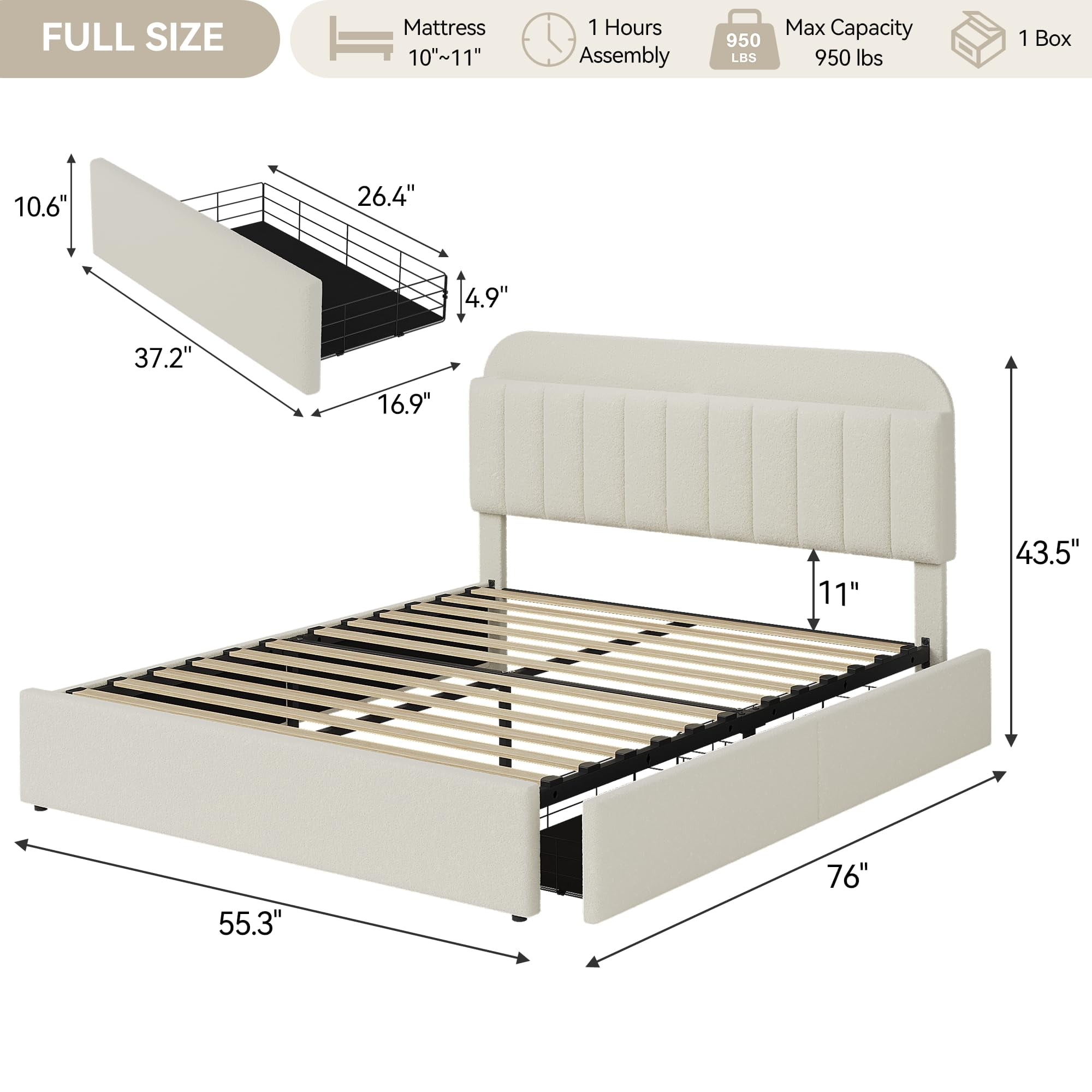 Upholstered FULL Platform Bed, FULL Size Bed Frame with Storage Underneath and Headboard, Wood Platform Bed for Bedroom (White)