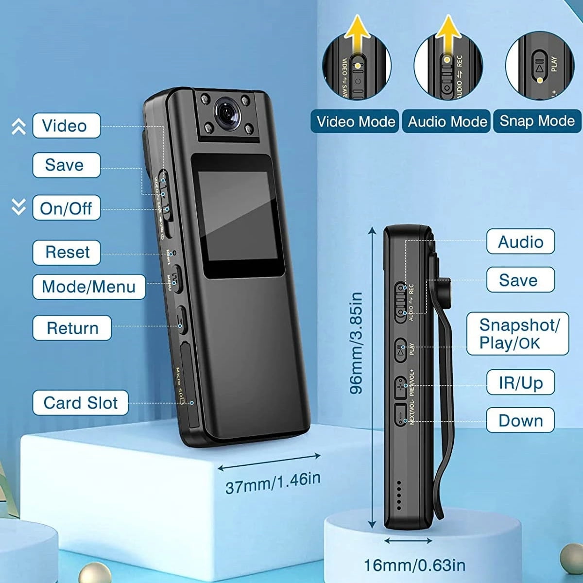 Telele 64GB Small Body Camera Mini Camera HD 1080P Camcorder Recording Infrared LCD Screen DVR DV Audio Video Record Support