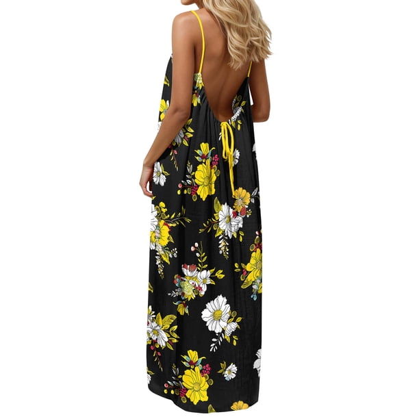 TaTaai Summer Backless Dress for Women Spaghetti Strap Printed Loose Fit Long Maxi Dress Sleeveless Casual Solid Color Soft Lightweight for Daily Vacation Gift