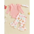 thumbnail image 4 of Suealasg 3Pcs Baby Girl Fall Outfits Set Long Sleeve Ribbed Romper + Floral Print Flare Pants + Headband Set 3 6 12 18 Months Infant Girl Spring Clothes, 4 of 7
