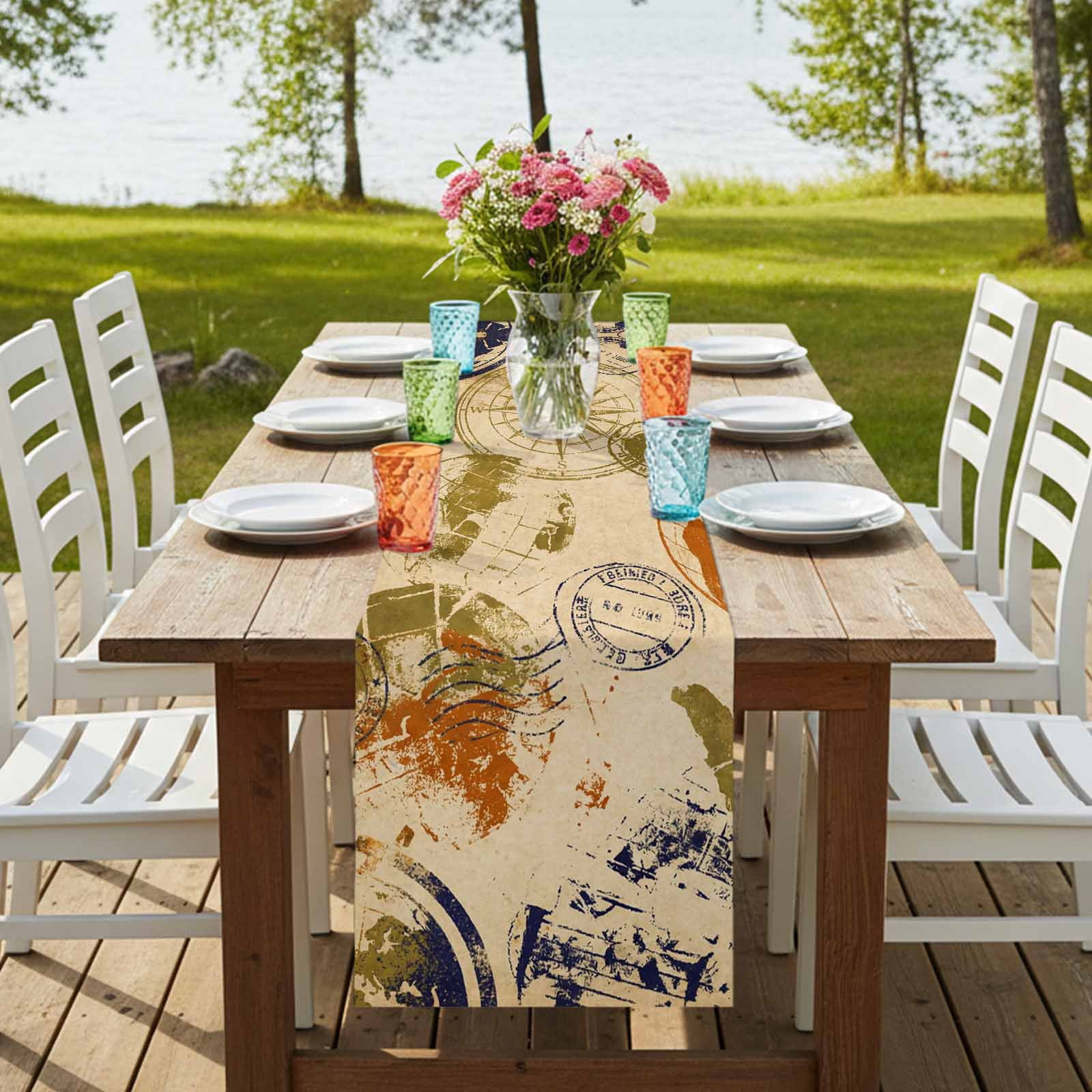 Vintage Globe Burlap Cotton Table Runner 13x90 Inches Long, Abstract Travel Adventure Compass Farmhouse Table Runners, Outdoor Dining Tablecloths Decor for Baby Shower/Party/Wedding