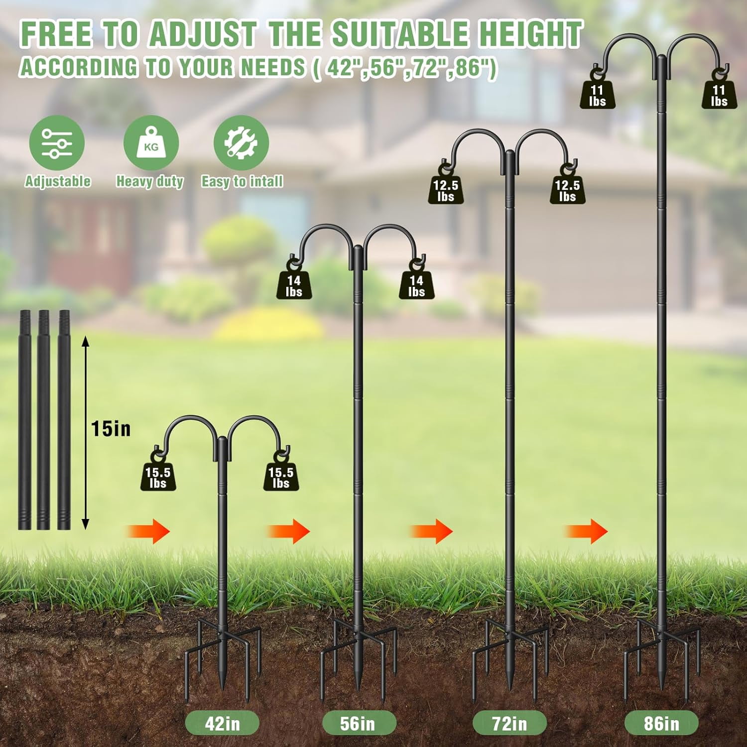 Double Shepherds Hooks for Outdoor, 60" Heavy Duty Bird Feeder Pole with 5-Prong Base - Rust-Proof, Adjustable Bird Feeder Hanger for Garden, Wedding Decor & Hanging Plants