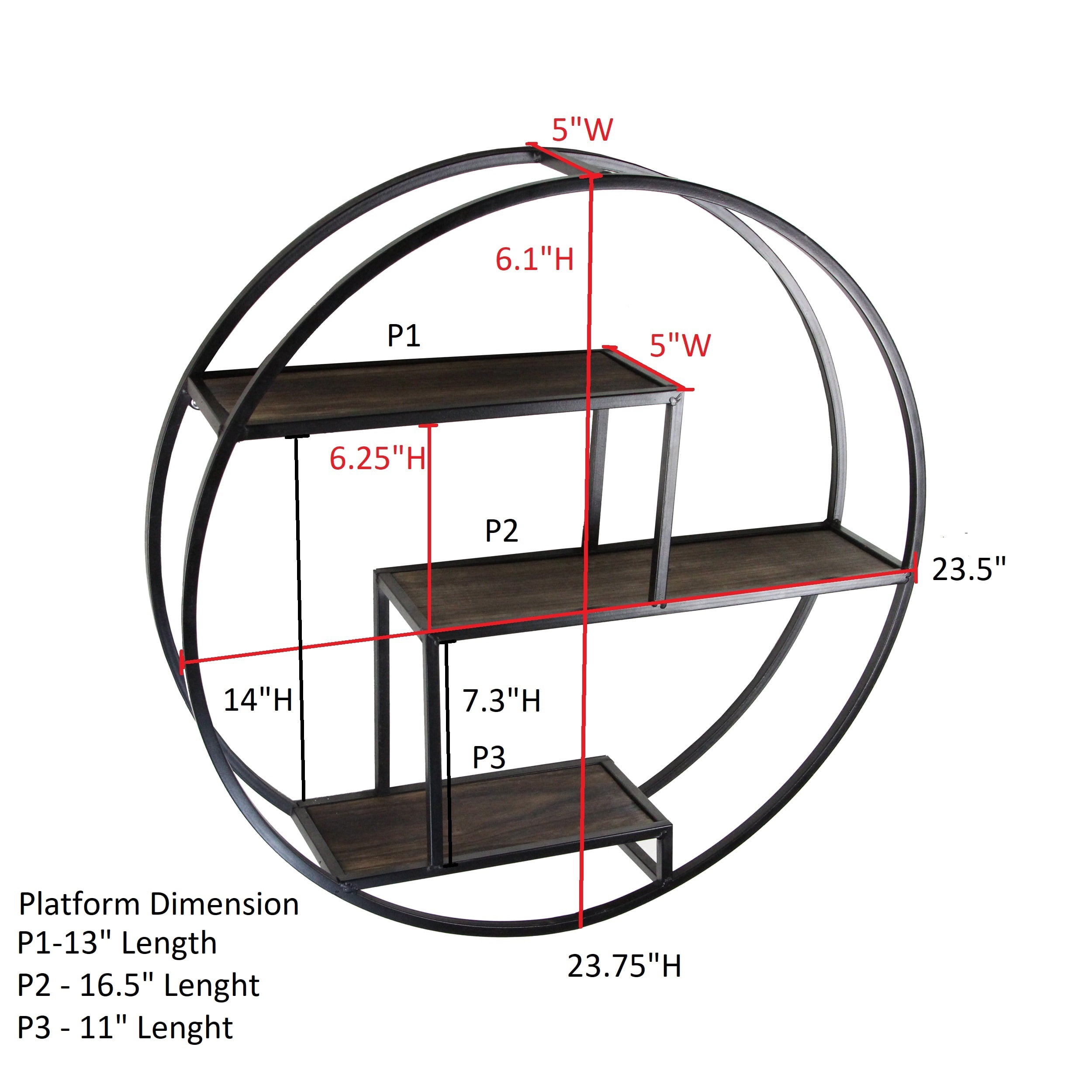 Admired By Nature 23 Inches Round wall-mounted Iron hanging storage floating shelves, Black