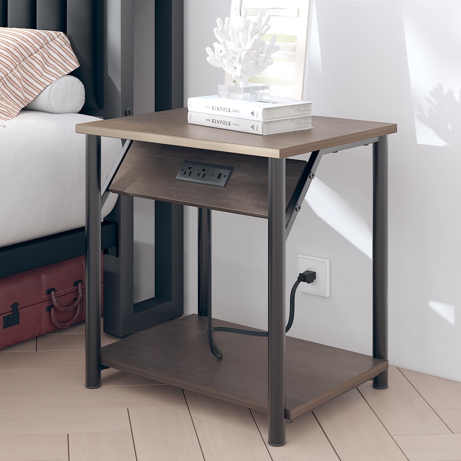 LoVinson Nightstand with Charging Station for Bedroom, Set of 2