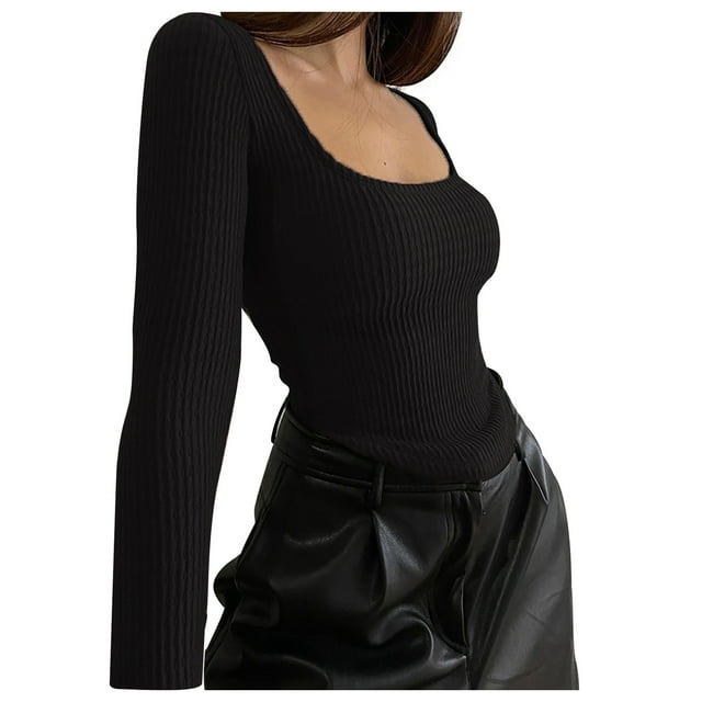 Yuyuzo Womens Ribbed Knit Tops Long Sleeve Square Neck Shirts 2024 Spring Slim Tees
