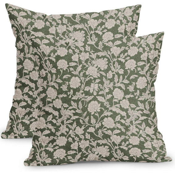 Vintage Green Floral Pillow Covers 18x18 Inch Set of 2 Modern Neutral Block Print Outdoor Decorative Throw Pillows Rustic Farmhouse Square Cushion Case Decoration for Couch
