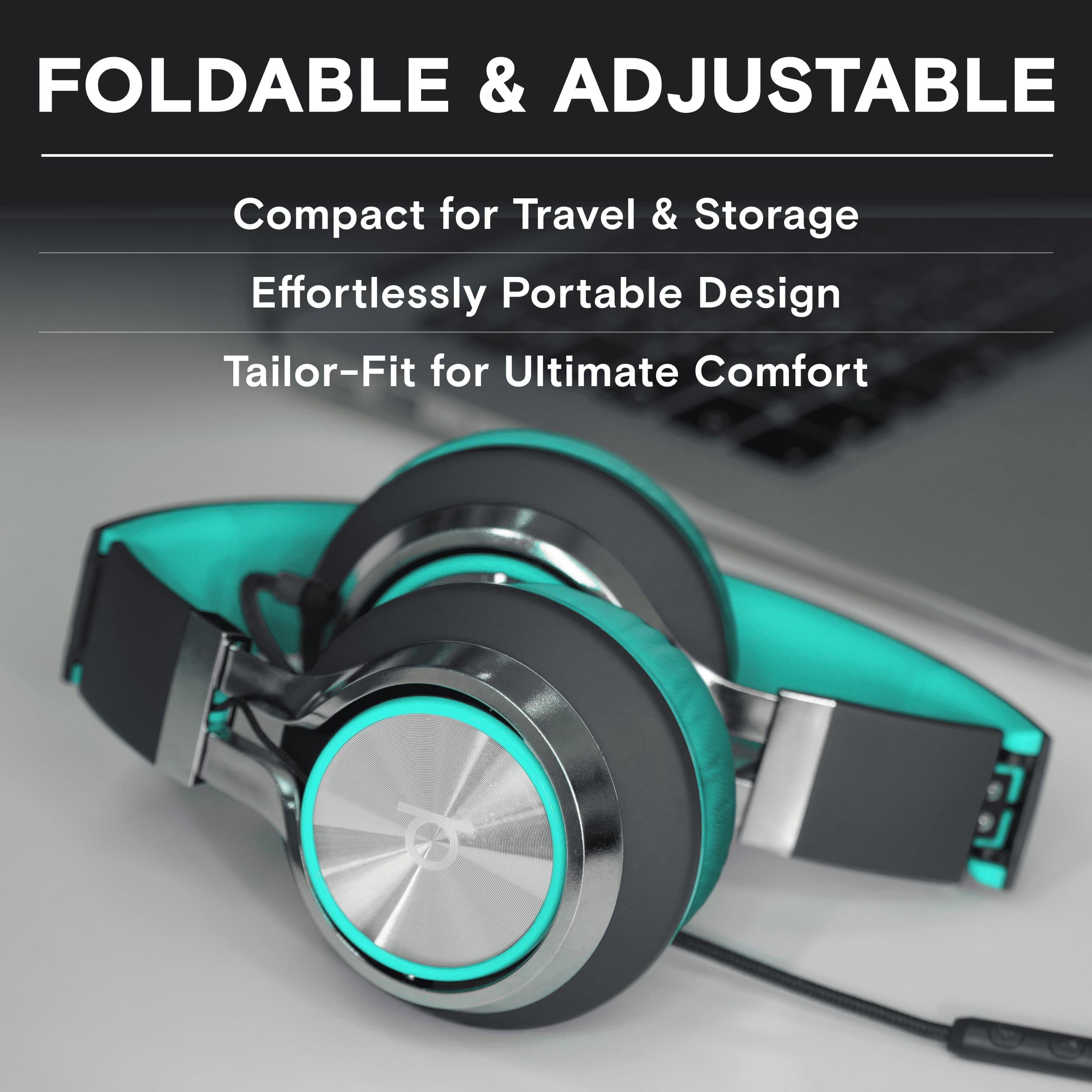 ARTIX CL750 Wired Headphones with Mic, Turquoise, Noise Isolating On-Ear Headphones for Computer and Laptop Wired, Plug in Corded Headphone with Wire (Foldable, Aux Jack 3.5mm)