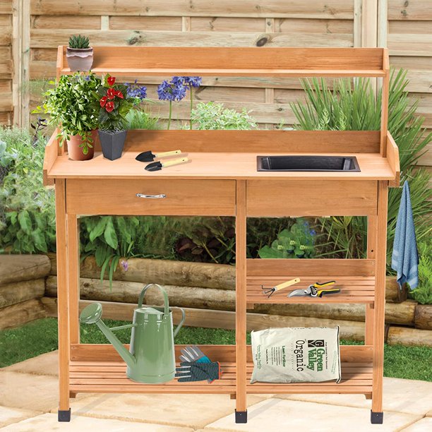 Potting Bench, Outdoor Garden Potting Table with Dry Sink