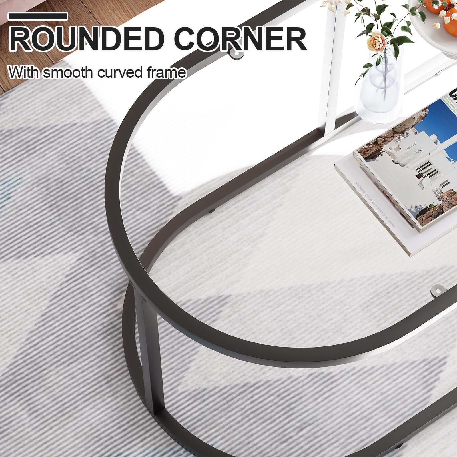 Coffee Table Black Glass Coffee Tables for Living Room, Oval Table Center Table with Sturdy Metal Frame,Modern Tempered Glass Accent Tables for Bedroom Home Office