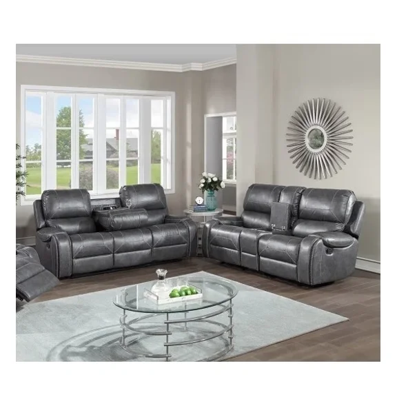 Gray Faux Leather Upholstered Manual Reclining Sofa 2Pc Set w/ USB Ports   2 Power Outlets   Storage Console
