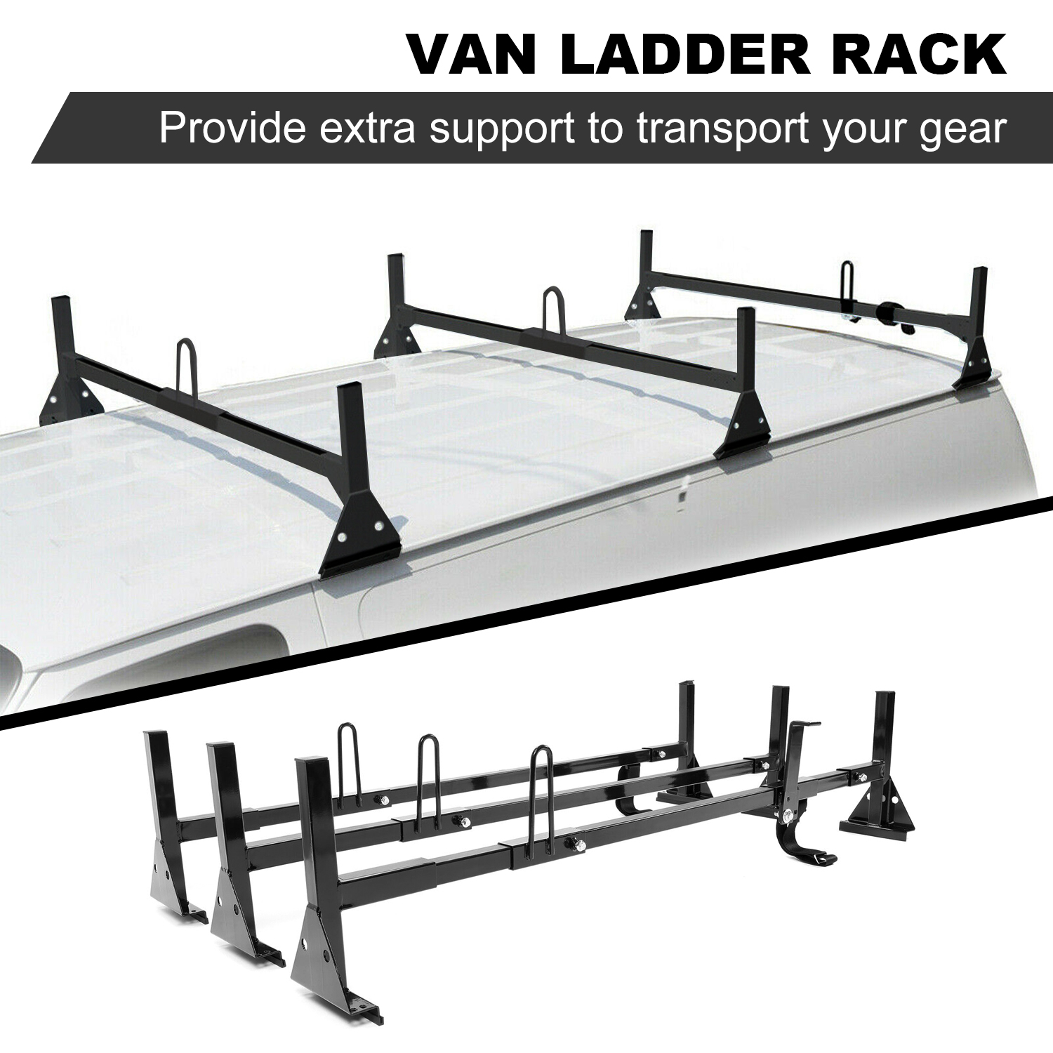 KOJEM Universal Van Ladder Rack, Full-Size Roof Rack Steel Cross Members, Fit for Chevrolet Express Ford E-Series GMC Savana 3 Bars