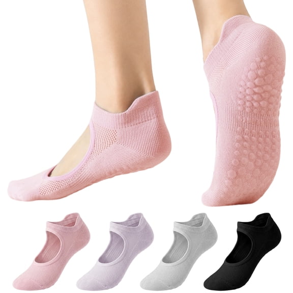Yawlsow 4 Pairs Pilates Socks with Grips for Women, Non-Slip Yoga Socks for Barre, Ballet, Barefoot Workout