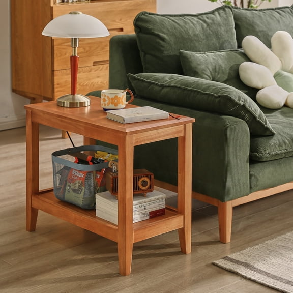 KavlSean 24" Solid Wood Rustic Side Table, 2-Tier End Table with Storage Shelf & Raised Edge, Multi-Purpose Sofa Table for Living Room, Small Spaces, Home Office, Indoor Plant Stand