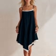 thumbnail image 2 of Zynoxe Womens Midi Dresses Cotton Linen Lace Spaghetti Strap Asymmetrical Hem Summer Dresses Casual Peasant Gauze Vacation Beach Dresses Navy 2XL, 2 of 7