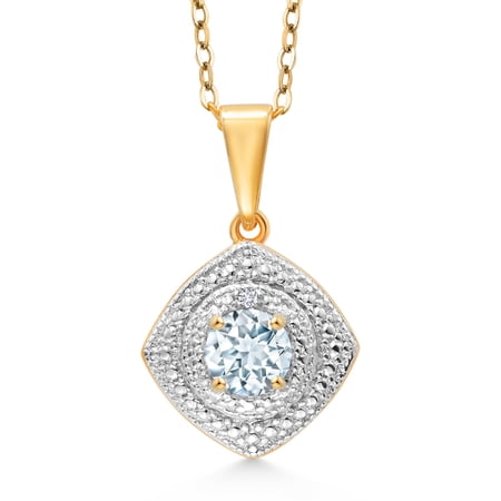 Gem Stone King 0.51 Ct Sky Blue Aquamarine White Diamond 18K Yellow Gold Plated Silver Pendant with Chain