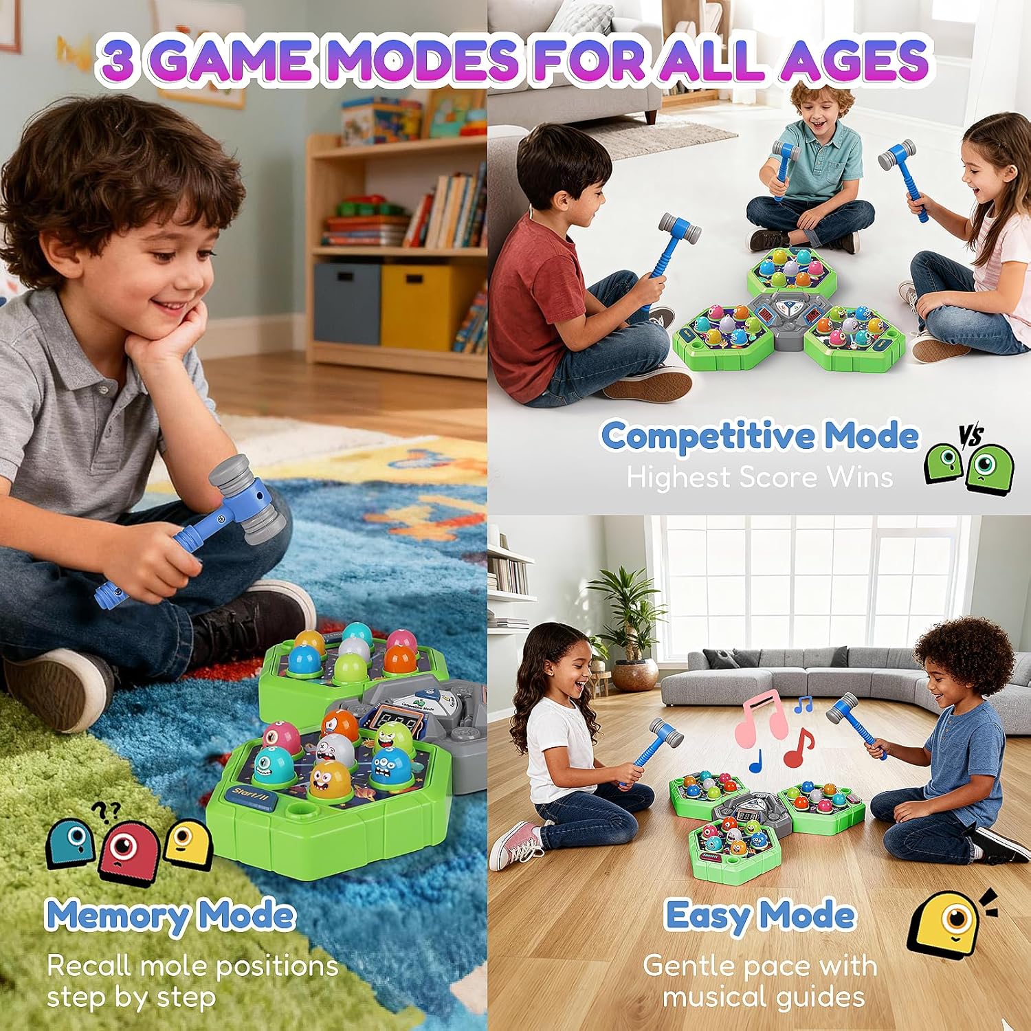 3-Player Whack Game Mole Toy , Early Learning Toy with Lights & Sounds, Interactive Pounding Hammer Toy with 3 Game Modes