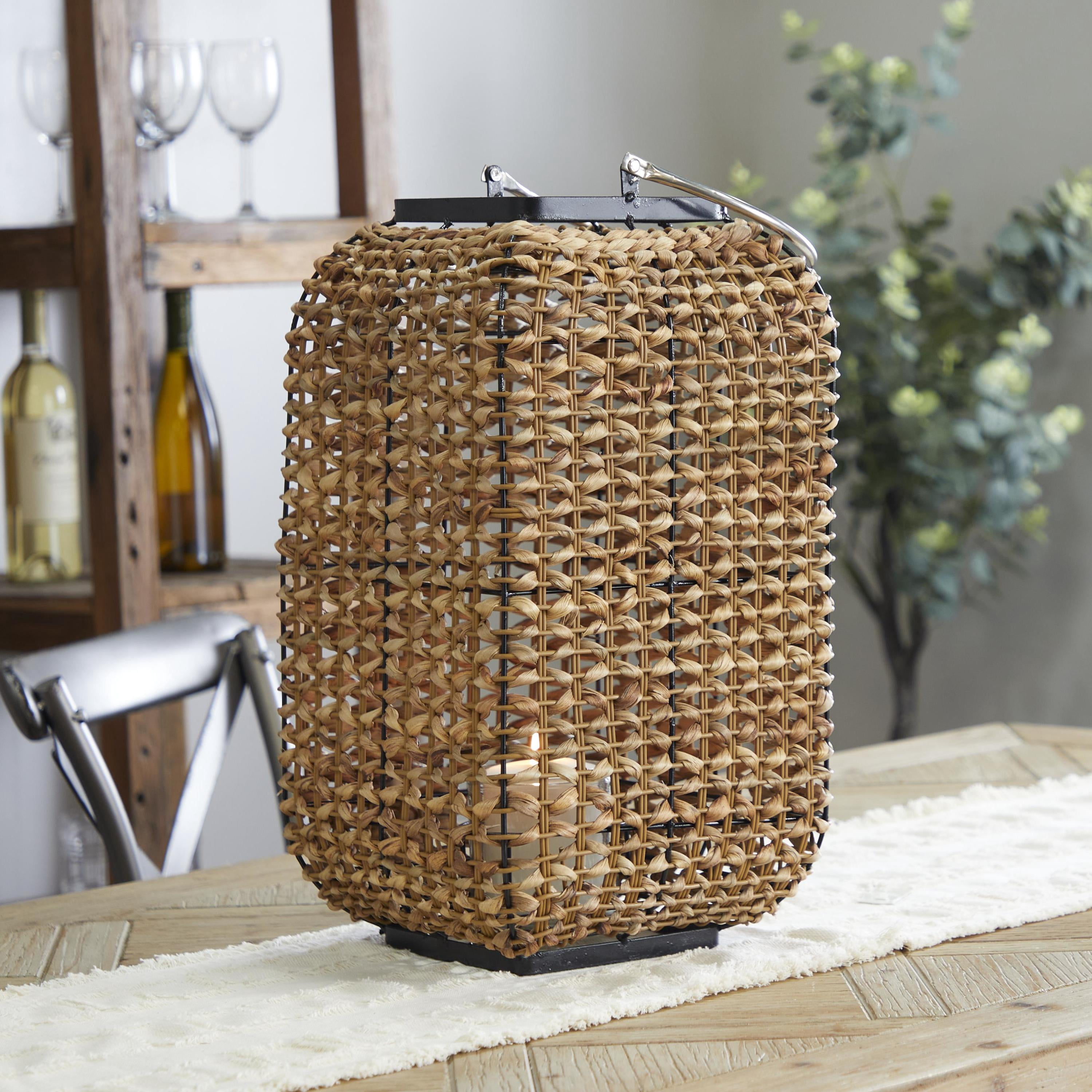 DecMode Brown Dried Plant Handmade Rattan Weaved Decorative Candle Lantern with Glass Holder and Handle