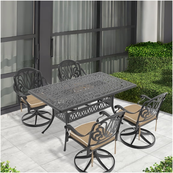 Black Aluminum Outdoor Dining Set with 4 Swivel Chairs and Rectangular Table, 5-Piece All-Weather Patio Furniture