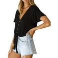 thumbnail image 4 of Women Buttons Down V Neck Short Sleeve Knotted Solid Color Shirt, 4 of 5