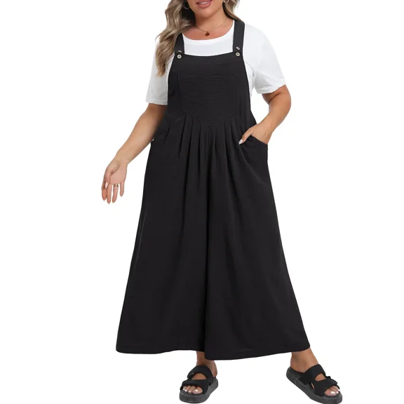 Cueply Womens Plus Size Overalls Jumpsuits Causal Sleeveless Adjustable Straps Wide Leg Long Pants with Pockets