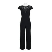 Adrianna Papell Crew Neck Cap Sleeve Illusion Zipper Back Embellished Jumpsuit (Petite)-BLACK / 2P