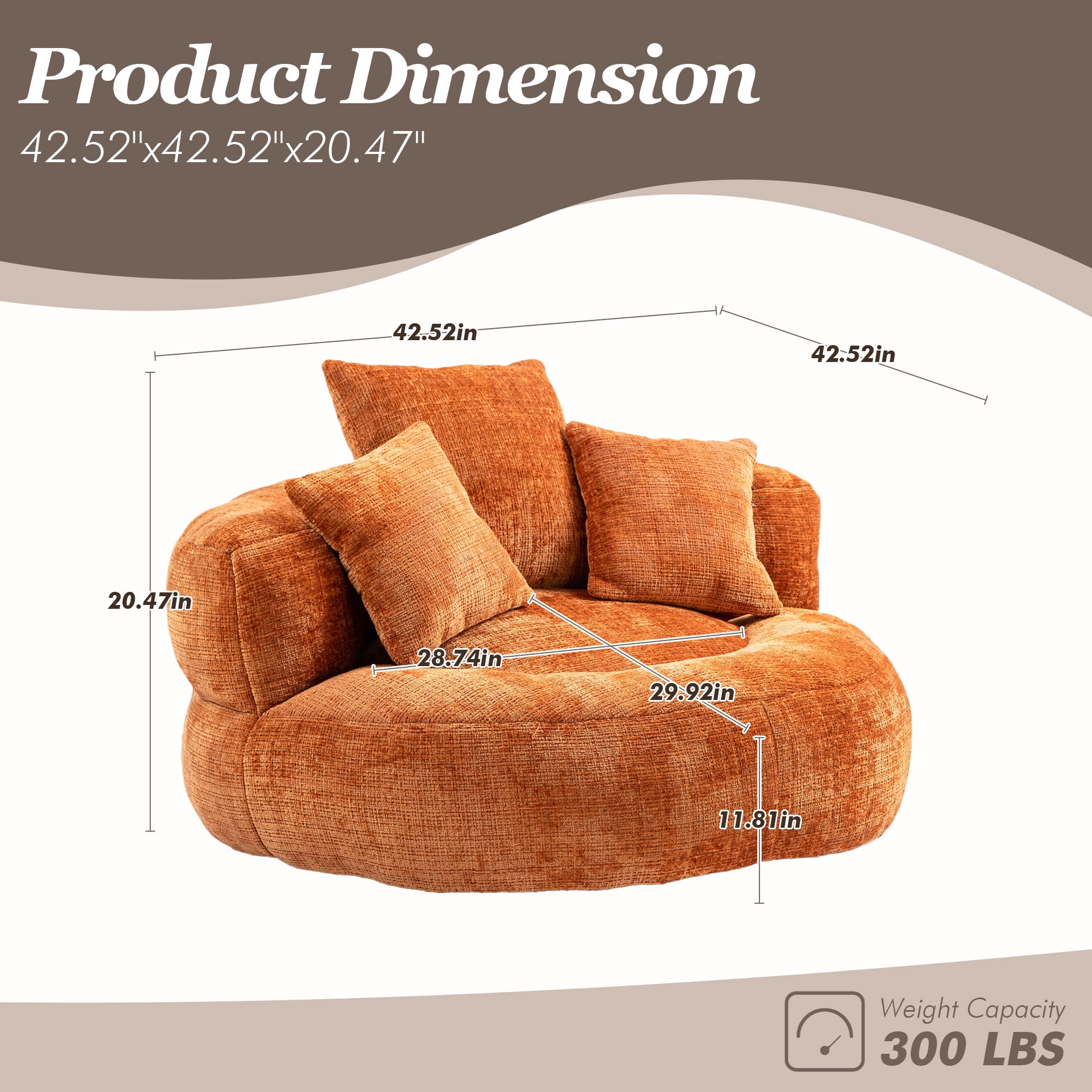 MOONMISS Oversized Bean Bag Chair, Chenille Lazy Bean Bag Sofa with Wrap-Around Backrest & Pillows for Living Room,Orange